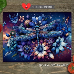 Könnte beinhalten: Digitales Design mit einer detaillierten Libelle mit aufwendigen blauen und violetten Flügeln, umgeben von leuchtenden Blumen in Blau-, Lila- und Weißtönen. Der Text "DIGITAL DESIGN ONLY" ist sichtbar.