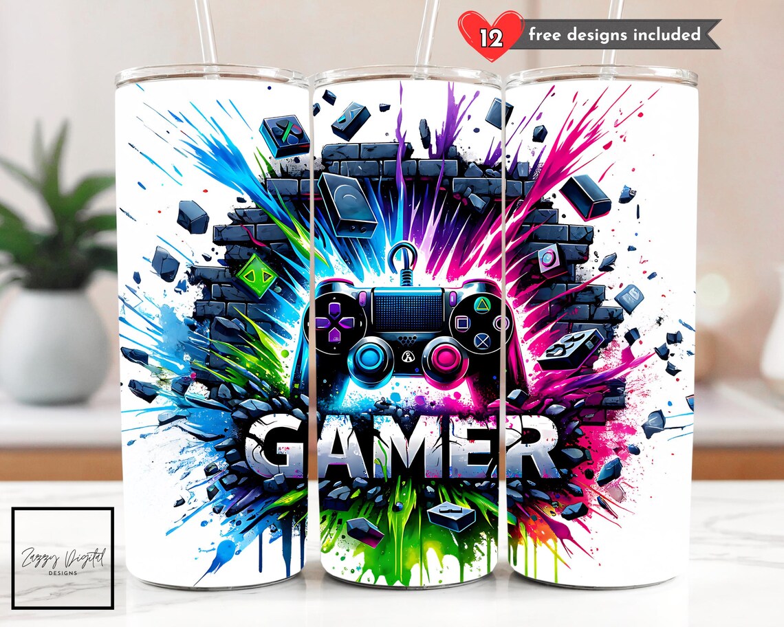 Seamless Neon Gamer Tumbler Wrap Design, 20 Oz Skinny Tumbler ...