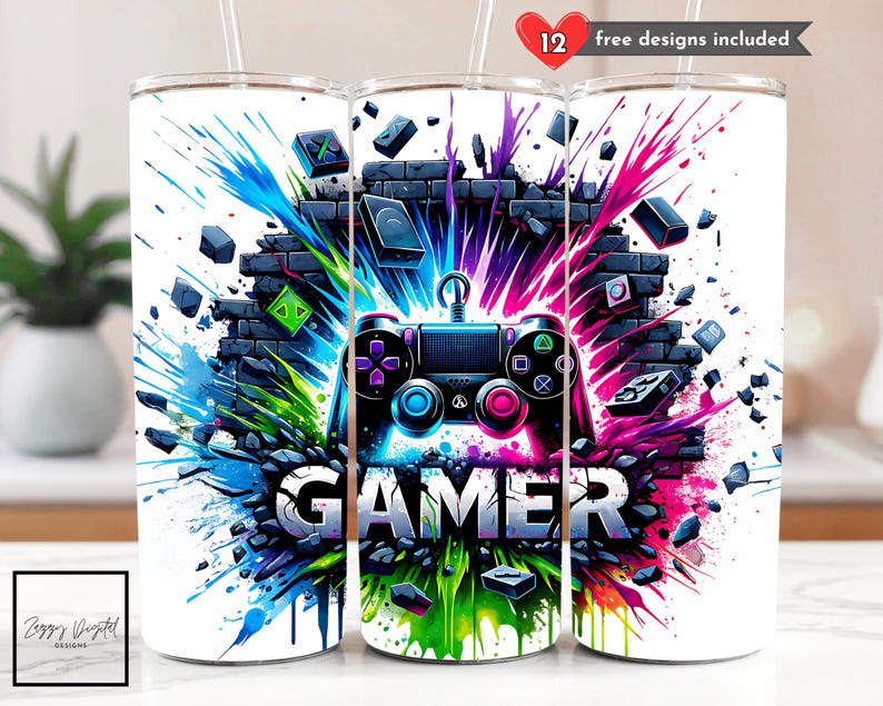 Seamless Neon Gamer Tumbler Wrap Design, 20 Oz Skinny Tumbler ...
