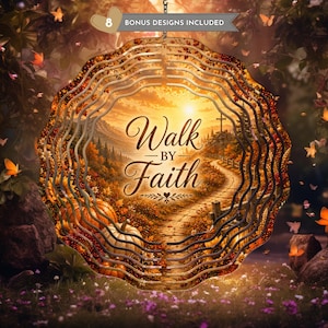 May include: A circular metal wind spinner featuring a fall landscape with pumpkins, a winding path, and a cross. The text "Walk By Faith" is printed in the center. A banner at the top indicates "8 BONUS DESIGNS INCLUDED" with a heart icon.