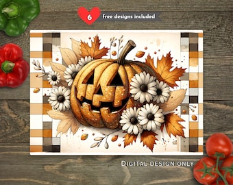 Halloween Kürbis Herbstblätter Sublimations-Schneidebrett Design-Download, Herbst-Küchen-Schneidebrett PNG, Schneidebrett-Datei Digitales Design