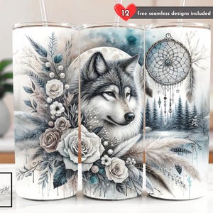 May include: Three white insulated tumblers with different designs. One features a wolf, another a dreamcatcher, and the third has floral arrangements. The tumblers have a straw and the text "12 free seamless designs included".
