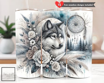 Envoltura para vaso con atrapasueños de lobo invernal PNG, diseño de sublimación de vaso delgado de 20 oz con diseño floral bohemio, atrapasueños de lobo bohemio PNG, descarga digital