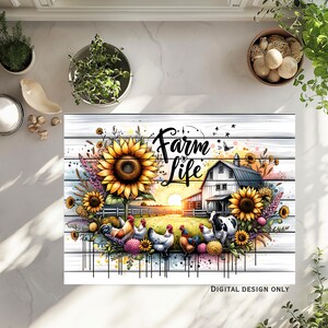 May include: A digital art print featuring a farm scene with a barn, sunflowers, chickens, and a cow. The words "Farm Life" are written in a decorative font. The background includes a sunset and a white wooden fence.