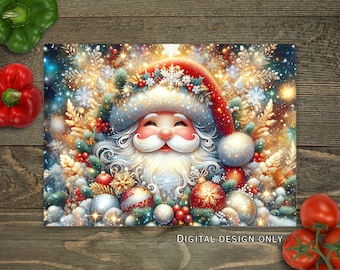 Tabla de cortar de vidrio para cocina navideña de Papá Noel Sparklecore PNG, diseño de tabla de sublimación de Feliz Navidad, descarga de tabla de cortar PNG