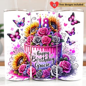 Custom Name 18th Happy Birthday Cake 20 oz Skinny Tumbler Sublimation Design DIGITAL, Birthday Design PNG, Birthday Tumbler, Personalized