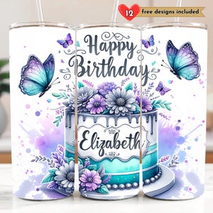 Benutzerdefinierter Name alles Gute zum Geburtstagkuchen 20 Unzen Skinny Tumbler Sublimation Design DIGITAL, Geburtstag Design PNG, Geburtstag Tumbler Wrap, personalisiert