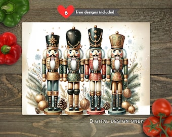 Könnte beinhalten: Ein digitaler Entwurf mit vier Spielzeug-Nussknackern in festlichen Uniformen. Die Nussknacker sind in Grün-, Rot- und Goldtönen gehalten, mit weißen Schnurrbärten und schwarzen Stiefeln. Der Text lautet "6 free designs included" und "DIGITAL DESIGN ONLY".