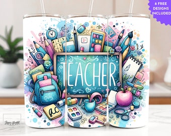 Puede incluir: Un vaso blanco con un diseño colorido que presenta útiles escolares, incluidos lápices, pinceles, una mochila y una pizarra con la palabra "TEACHER".