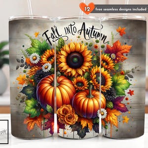 Rustic Country Fall Into Autumn Tumbler Wrap Design, Autumn Leaves Pumpkins 20 oz Skinny Tumbler Sublimation Design Digital Download PNG