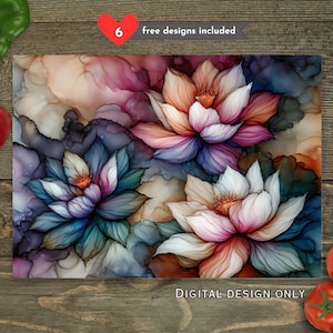 Puede incluir: Diseño digital con tres flores de loto en acuarela en tonos rosa, naranja, azul y morado. El texto "DIGITAL DESIGN ONLY" es visible. También es visible un corazón con el número "6" y el texto "free designs included".