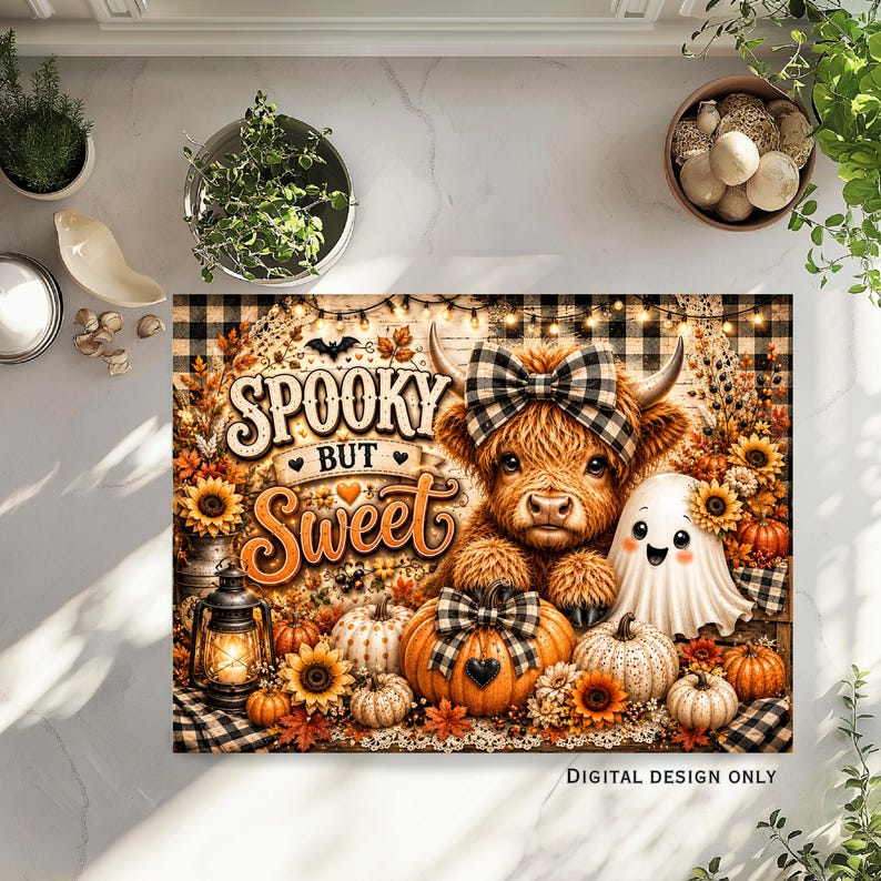 Puede incluir: Una impresi&oacute;n digital rectangular que muestra una vaca highland peluda con un lazo de cuadros blanco y negro, un fantasma sonriente, calabazas, girasoles y una linterna. El texto SPOOKY BUT SWEET aparece en letras naranjas y negras.