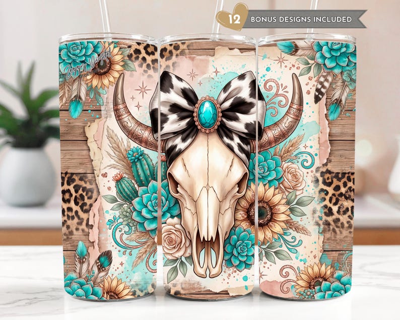 Western Turquoise Cow Skull Tumbler Wrap PNG, Cowgirl Coquette Cowhide ...