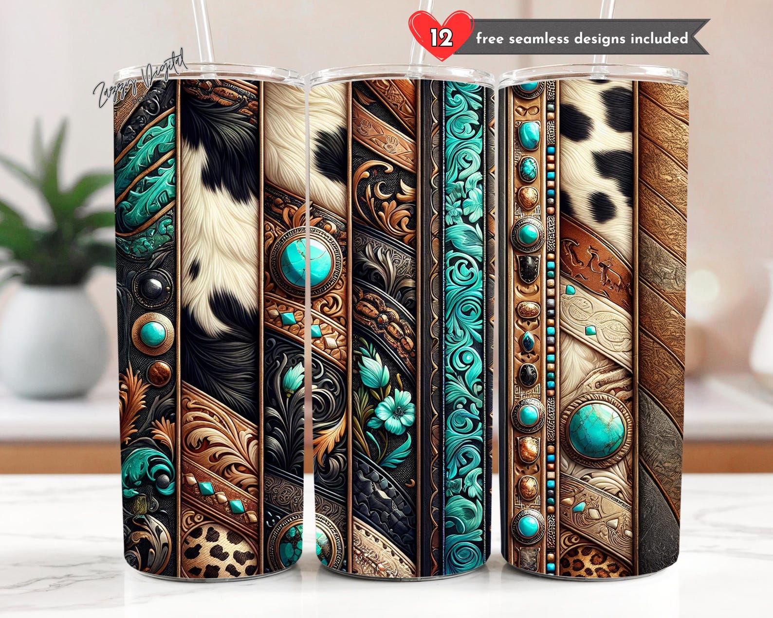 Western Turquoise Tumbler Wrap PNG, Cowhide Tooled Leather 20 Oz Skinny ...
