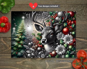 Merry Christmas Rendier snijplank PNG winterbloemen sublimatieontwerp (digitale download)