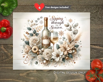 Schlürfen durch die Saison Wein Küchenglas Schneidebrett PNG, Weißweinflasche Floral Sublimationsbrett Design, Schneidebrett Download