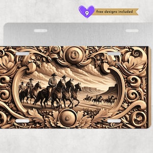 May include: A decorative metal license plate featuring an ornate design with a scene of cowboys riding horses. The design is in shades of brown and gold.