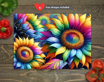 Rainbow Sunflowers Sublimation Cutting Board Design Download, Sunflower Cutting Board PNG, Cutting Board File Digital Design Download