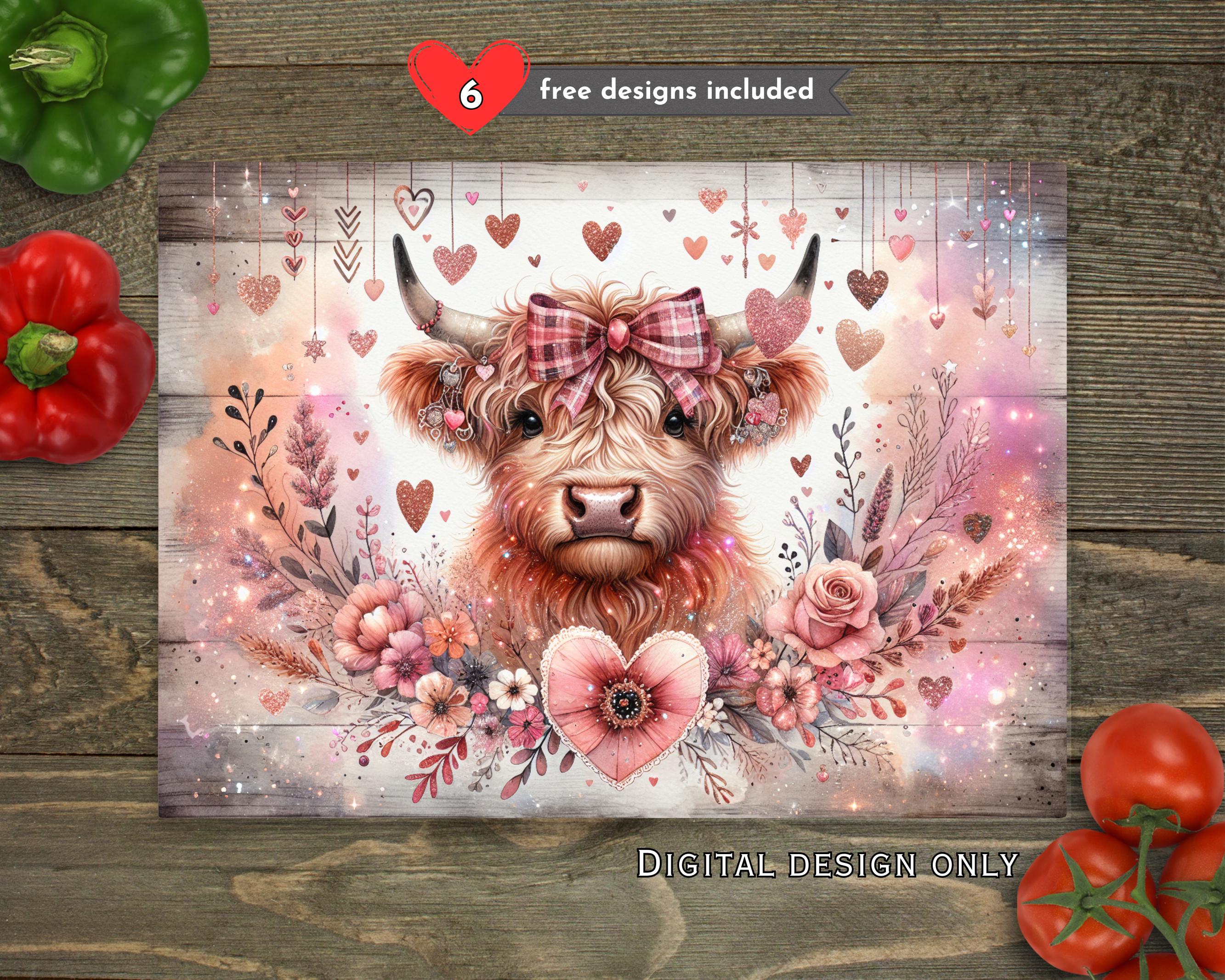 Valentine Highland Cow Kitchen Glass Cutting Board PNG, Country