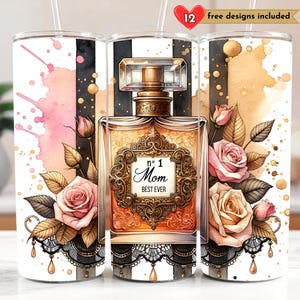 K&ouml;nnte beinhalten: Ein wei&szlig;er Becher mit einem schwarz-wei&szlig; gestreiften Design. Der Becher zeigt ein Aquarelldesign mit Rosen und einem goldenen Parf&uuml;mflakon mit dem Text "No. 1 Mom Best Ever".