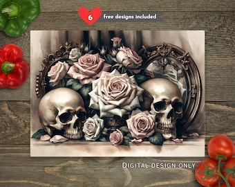 Skull & Roses Sublimation Cutting Board Design Download, Gothic Skull Cutting Board PNG, Cutting Board File Digital Design, Halloween png