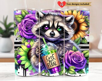 Cute But Feral Funny Raccoon Seamless 20 oz Skinny Tumbler Sublimation Design Digital Download PNG Instant DIGITAL, Raccoon Tumbler Wrap