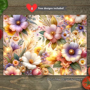 Op de afbeelding: Een digitaal bloemenontwerp met gedetailleerde bloemen in tinten paars, roze, wit en geel. Het ontwerp bevat de tekst "DIGITAL DESIGN ONLY" en "free designs included".