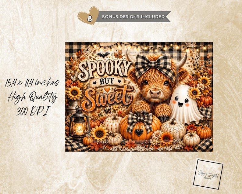Puede incluir: Un dise&ntilde;o gr&aacute;fico digital que presenta una vaca Highland esponjosa con un lazo de cuadros blanco y negro, un fantasma blanco, calabazas, girasoles y una linterna. El texto dice Spooky but Sweet. La imagen mide 39,1 por 29,0 cm.