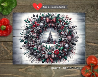 Rustic Vintage Christmas Kitchen Glass Cutting Board PNG, Holiday Floral Kitchen Sublimation Cutting Board Design Cutting Board PNG Download