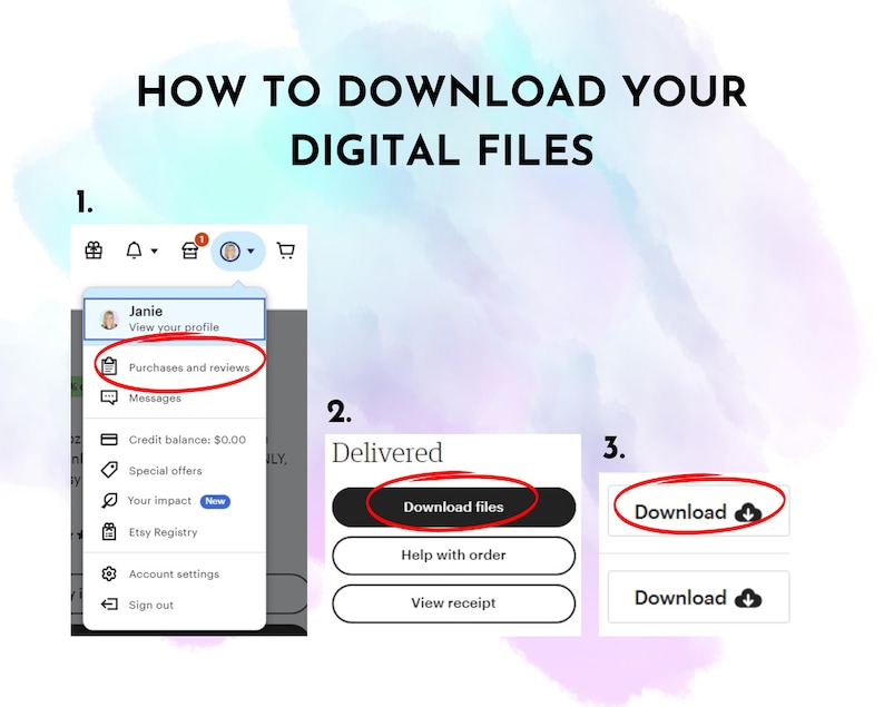 Puede incluir: Una captura de pantalla que muestra c&oacute;mo descargar archivos digitales. Los pasos incluyen navegar a "Compras y rese&ntilde;as", hacer clic en "Descargar archivos" y luego en el bot&oacute;n "Descargar". El texto "C&Oacute;MO DESCARGAR TUS ARCHIVOS DIGITALES" est&aacute; en la parte superior.
