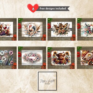 May include: A collection of eight digital designs, each featuring a unique watercolor illustration. Designs include floral arrangements, a rooster, butterflies, a bull skull, and a wine-themed still life. The text "8 free designs included" is also present.