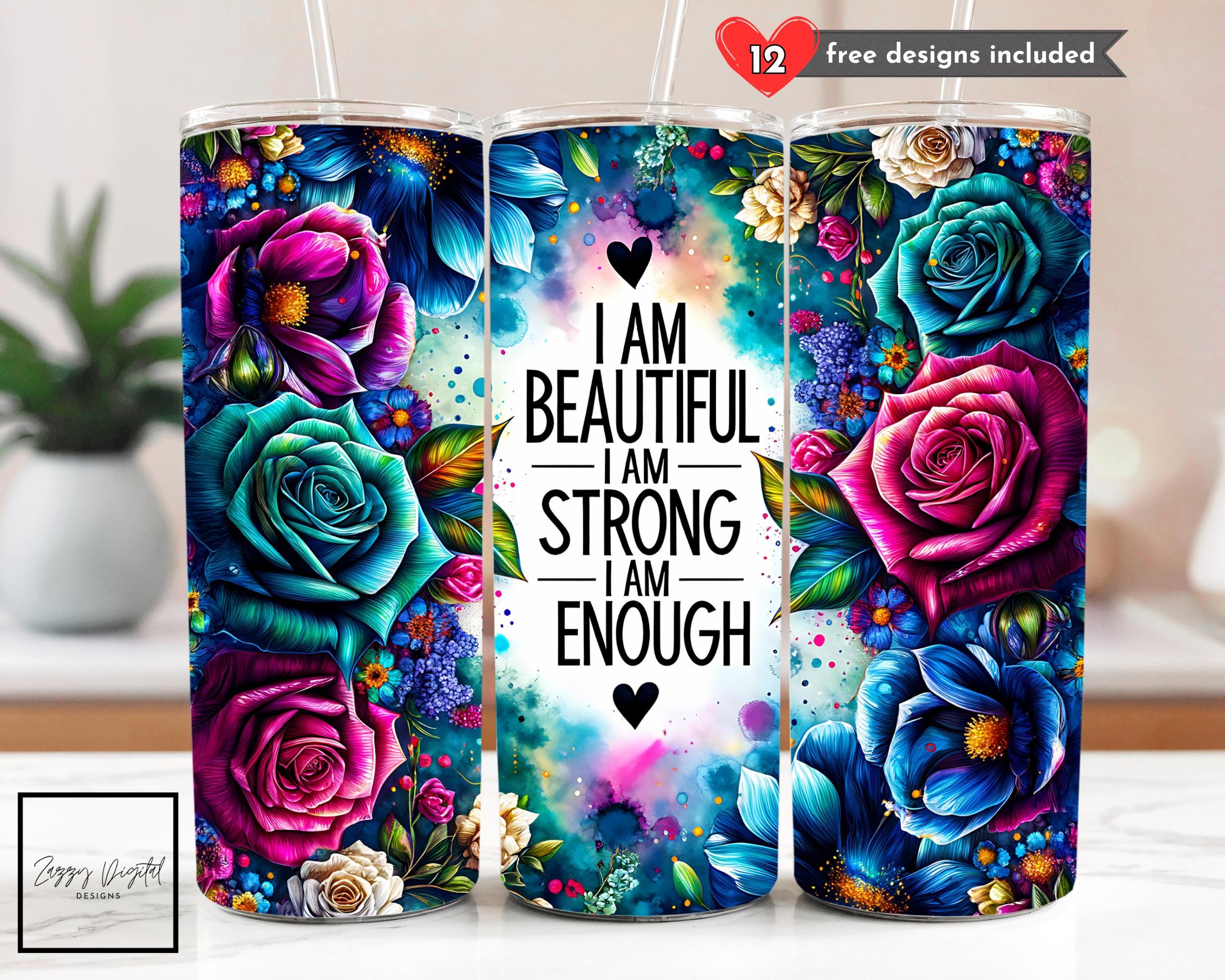 Positive Affirmations I Am Enough 20 oz Skinny Tumbler Sublimation Seamless Design Digital Download PNG Instant DIGITAL ONLY, Tumbler Wrap