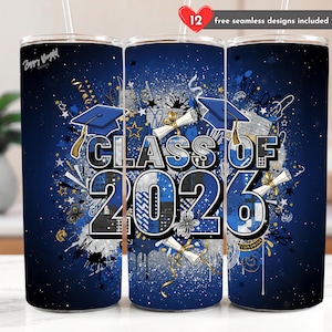Class of 2026 Tumbler Wrap PNG, Trendy Retro Blue & Silver Graduation 20 oz Skinny Tumbler Sublimation Design Senior 2026 Digital Download
