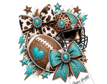 Turquoise Western Coquette Football PNG, Cow Print Shirt Design, Leopard Fall Sports Sublimation Graphic, Football Season PNG, Download