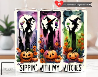 Sippin' With My Witches 20 oz Skinny Tumbler Halloween Witch Sublimation Design Digital Download PNG Instant, Spooky Season Tumbler Wrap