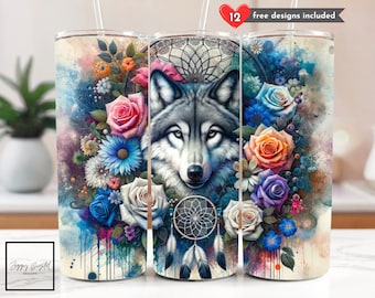 Envoltura para vaso Boho Grey Wolf & Dreamcatcher, diseño de sublimación floral bohemio sin costuras de 20 oz, diseño delgado para vaso, descarga digital PNG instantánea