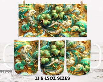 Design a sublimazione 3D Lucky Shamrock, design per tazza da 11 e 15 once PNG, file di download digitale di San Patrizio / design completo per tazza di caffè