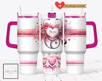Aangepaste verpleegkundige beker wrap PNG, medisch beroep 40 oz beker sublimatie ontwerp digitale download, gepersonaliseerde beker met handvat wrap