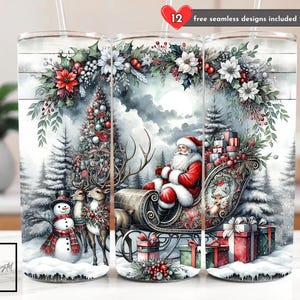 May include: Three stainless steel tumblers with a Christmas theme. The design includes Santa Claus in a sleigh, a snowman, reindeer, and a decorated Christmas tree. The tumblers are decorated with winter foliage and gifts. The text "12 free seamless designs included" is visible.