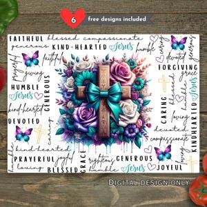 Könnte beinhalten: Ein digitales Design mit einem Kreuz, einer türkisfarbenen Schleife und einem Blumengesteck in Lila, Türkis und Weiß. Schmetterlinge und Wörter wie "gläubig" und "gesegnet" sind enthalten. Der Text "DIGITAL DESIGN ONLY" ist ebenfalls vorhanden.