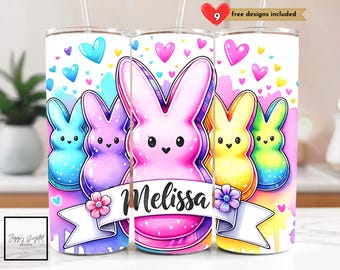 May include: A pink, blue, and yellow Easter-themed tumbler with a bunny and the name "Melissa" on it. The tumbler is decorated with hearts, polka dots, and a banner.