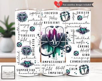 Può includere: Un bicchiere bianco con cannuccia, a tema medico. Il design include uno stetoscopio, simboli di caduceo e parole come "abile", "premuroso" e "compassionevole" in stile acquerello. È presente anche il testo "12 design senza cuciture gratuiti inclusi".