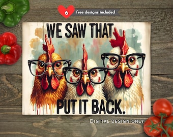 Diseño de tabla de cortar con sublimación de pollos divertidos. Vimos que los animales de granja eran una tabla de cortar de vidrio para cocina. Descarga de tabla de cortar divertida.