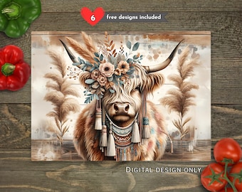 Boho Farmhouse Highland Cow Kitchen Glass Cutting Board PNG, Western Floral Sublimation Cutting Board Design, Cutting Board PNG Download