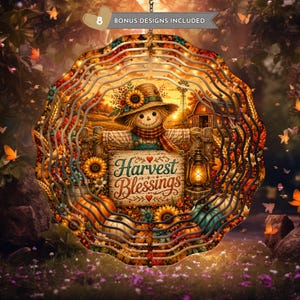 May include: A circular metal wind spinner featuring a scarecrow wearing a straw hat and scarf, holding a sign that reads Harvest Blessings. The design includes sunflowers, pumpkins, a lantern, and a barn in a warm autumn-themed landscape.
