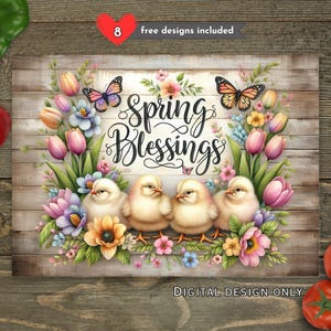 Op de afbeelding: Een houten bord met de tekst "Spring Blessings", omringd door kleurrijke bloemen, vlinders en kuikens. Het ontwerp heeft een rustieke, landelijke stijl, ideaal voor voorjaarsdecoratie.