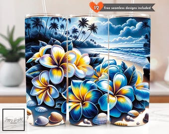 Summer Beach Tropical Floral Tumbler Wrap Design, Seamless Ocean 20 oz Skinny Tumbler Sublimation Design Digital Download PNG Instant