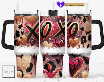 Envoltura para vaso de 40 oz para el día de San Valentín, diseño de sublimación para vaso Quencher de 40 oz con corazones XoXo, vaso con estampado de leopardo PNG, envoltura para vaso de San Valentín
