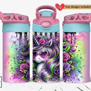 May include: Three water bottles with a unicorn design. The bottles have pink and blue lids and feature a colorful unicorn with heart-shaped sunglasses, surrounded by flowers and stars. The text "12 free designs included" is visible.
