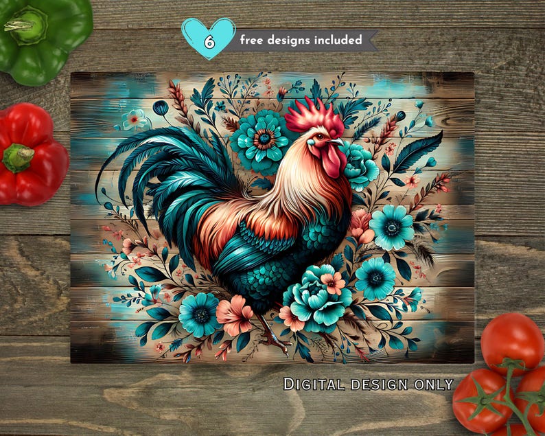 Puede incluir: Un dise&ntilde;o digital con un gallo colorido rodeado de flores y follaje turquesa, sobre un fondo r&uacute;stico de vetas de madera. El dise&ntilde;o incluye el texto "free designs included" y "DIGITAL DESIGN ONLY".